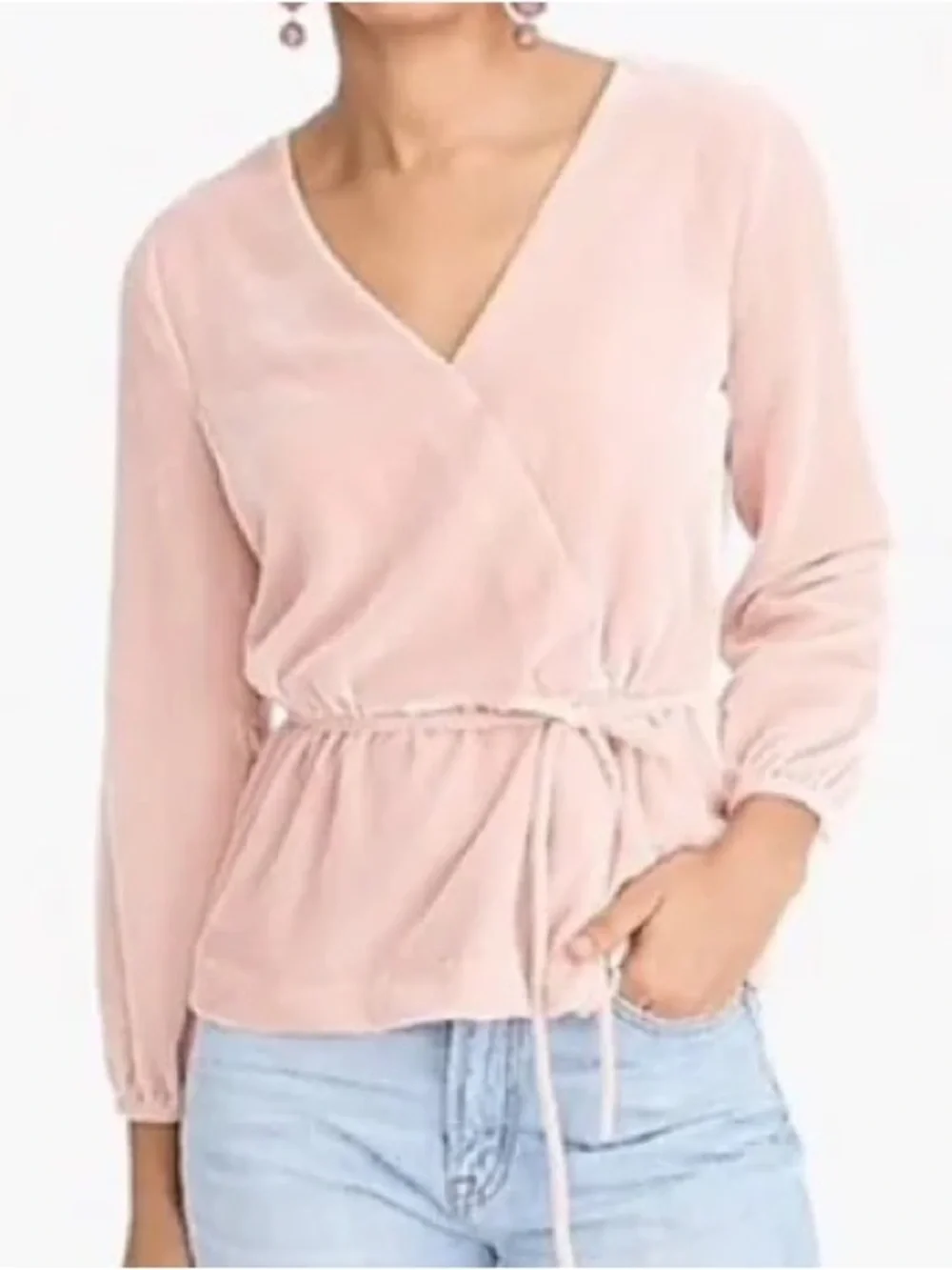 NWT J.Crew Drapey Velvet Faux-Wrap Peplum Top Blush Pink Size 4